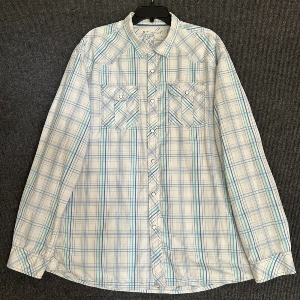 Marc Ecko Cut & Sew Men's 2XL Shirt Long Sleeve Button Down Blue White Plaid